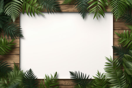 Mockup frame, A rustic wooden frame layout adorned with the gentle presence of overlapping fern leaves. Generative AIの素材