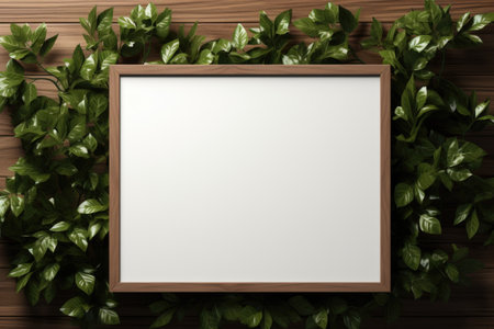 Mockup frame, The corners of a rustic wooden frame layout are softly cared for by overlapping fern leaves, enhancing its organic appeal. Generative AIの素材
