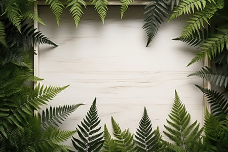 Mockup frame, A rustic wooden frame layout adorned with the gentle presence of overlapping fern leaves. Generative AIの素材