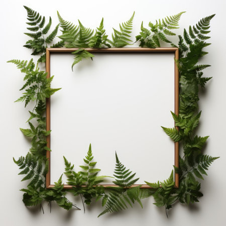 Mockup frame, A rustic wooden frame layout with fern leaves gently overlapping the corners, Generative AIの素材