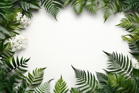 Mockup frame, A rustic wooden frame layout with fern leaves gently overlapping the corners, Generative AIの素材