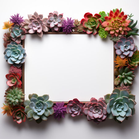 Mockup frame, Lively succulents adorning the border of a wooden frame layout, adding a burst of vibrant greenery. Generative AIの素材
