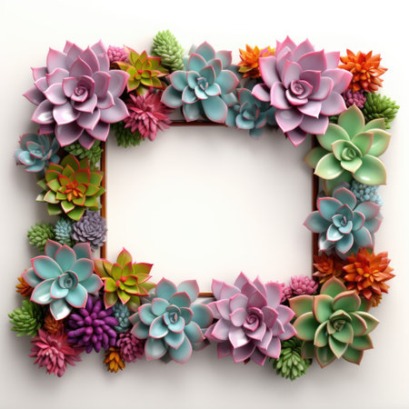 Mockup frame, A wooden frame layout with vibrant succulents arranged along its border, Generative AIの素材