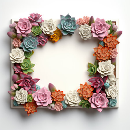 Mockup frame, A wooden frame layout with vibrant succulents arranged along its border, Generative AIの素材