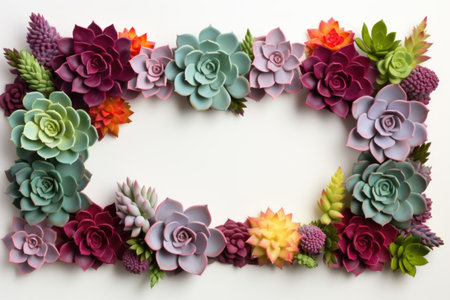 Mockup frame, Vibrant succulents arranged along the edges of a wooden frame layout, creating a captivating botanical display. Generative AIの素材