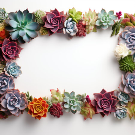 Mockup frame, The border of a wooden frame layout comes alive with the vibrant presence of carefully arranged succulents. Generative AIの素材