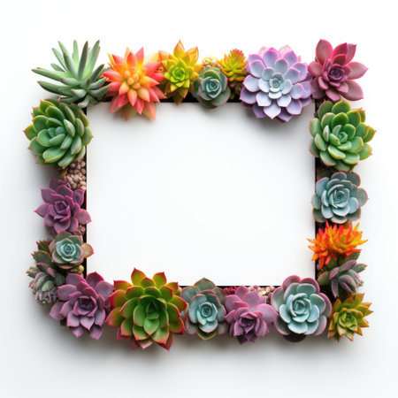 Mockup frame, The border of a wooden frame layout comes alive with the vibrant presence of carefully arranged succulents. Generative AIの素材