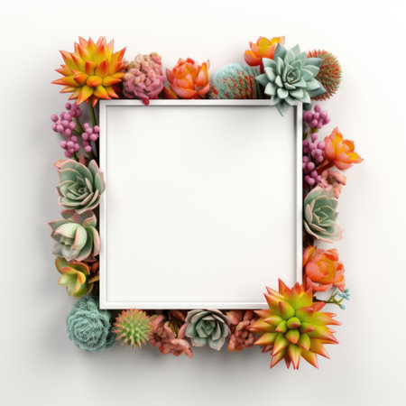 Mockup frame, Vibrant succulents arranged along the edges of a wooden frame layout, creating a captivating botanical display. Generative AIの素材