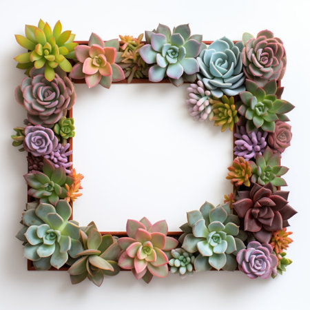 Mockup frame, Vibrant succulents arranged along the edges of a wooden frame layout, creating a captivating botanical display. Generative AIの素材