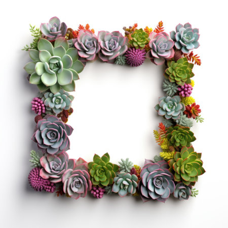 Mockup frame, The border of a wooden frame layout comes alive with the vibrant presence of carefully arranged succulents. Generative AIの素材