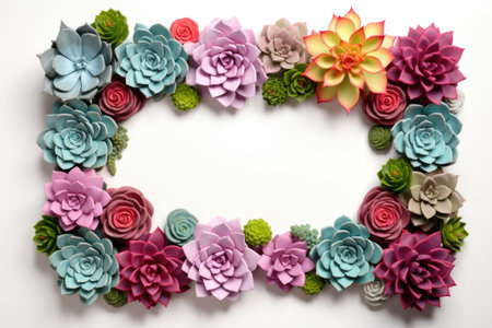 Mockup frame, A wooden frame layout with vibrant succulents arranged along its border, Generative AIの素材