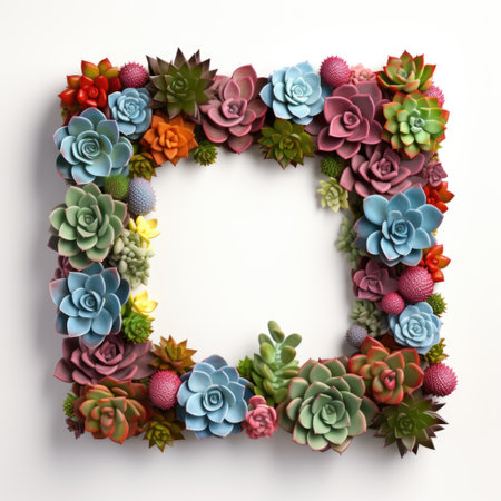 Mockup frame, The border of a wooden frame layout comes alive with the vibrant presence of carefully arranged succulents. Generative AIの素材