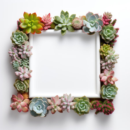 Mockup frame, Lively succulents adorning the border of a wooden frame layout, adding a burst of vibrant greenery. Generative AIの素材