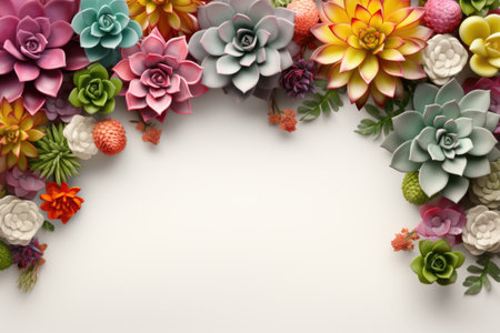 Mockup frame, The border of a wooden frame layout comes alive with the vibrant presence of carefully arranged succulents. Generative AIの素材