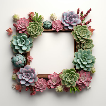Mockup frame, The border of a wooden frame layout comes alive with the vibrant presence of carefully arranged succulents. Generative AIの素材
