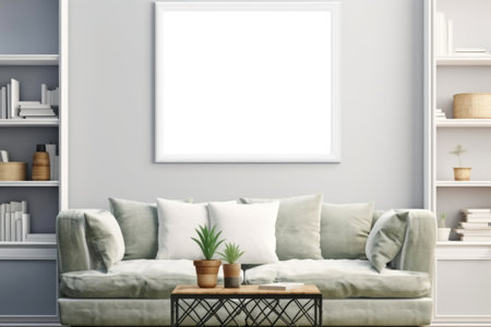 A frame mockup beautifully displayed on a pristine white wall. Generative AIの素材