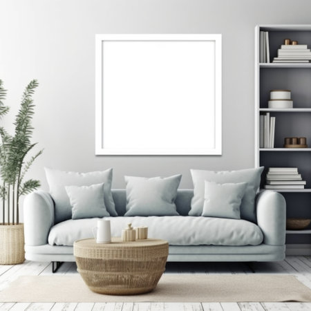 A frame mockup beautifully displayed on a pristine white wall. Generative AIの素材