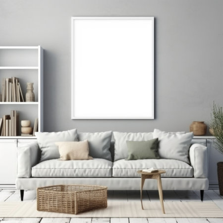 A frame mockup beautifully displayed on a pristine white wall. Generative AIの素材