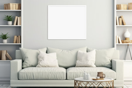 frame mockup on white wall. Modern living room design Generative AIの素材