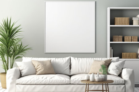 A sleek and simple frame layout on a white wall creates a modern living room design that exudes minimalist elegance. Generative AIの素材
