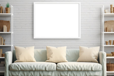 frame mockup on white wall. Modern living room design Generative AIの素材