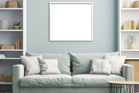 frame mockup on white wall. Modern living room design Generative AIの素材