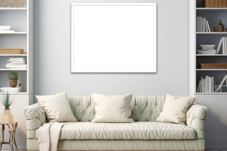 frame mockup on white wall. Modern living room design Generative AIの素材