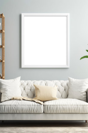 A sleek and simple frame layout on a white wall creates a modern living room design that exudes minimalist elegance. Generative AIの素材