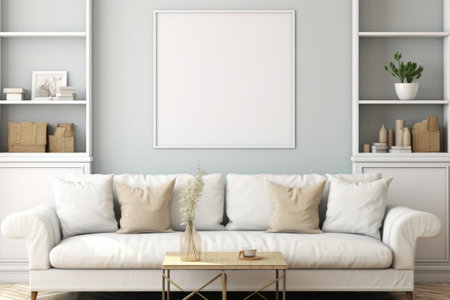 A sleek and simple frame layout on a white wall creates a modern living room design that exudes minimalist elegance. Generative AIの素材