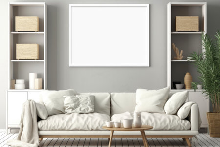 frame mockup on white wall. Modern living room design Generative AIの素材