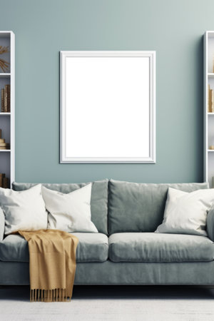 frame mockup on white wall. Modern living room design Generative AIの素材