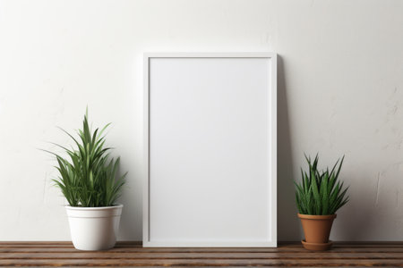 Mockup frame, A white frame delicately holds a monochromatic white photograph, exuding an understated yet refined aesthetic. Generative AIの素材