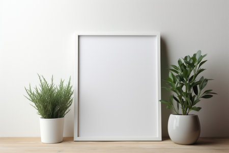 Mockup frame, Minimalistic Elegance: A white frame encases a pristine white photograph, showcasing the beauty of simplicity. Generative AIの素材
