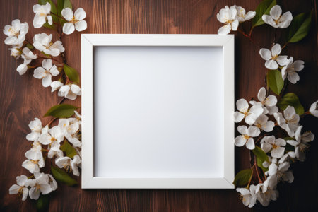 Mockup frame, Experience the allure of contrast as a white frame highlights a striking white photograph, adding a contemporary touch to any space. Generative AIの素材
