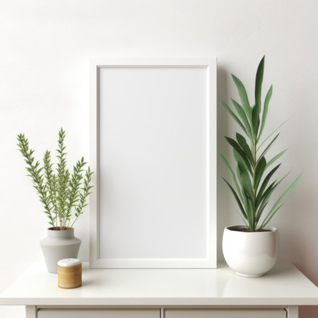 Mockup frame, Experience the allure of contrast as a white frame highlights a striking white photograph, adding a contemporary touch to any space. Generative AIの素材