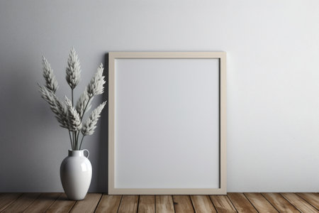Mockup frame, Experience the allure of contrast as a white frame highlights a striking white photograph, adding a contemporary touch to any space. Generative AIの素材