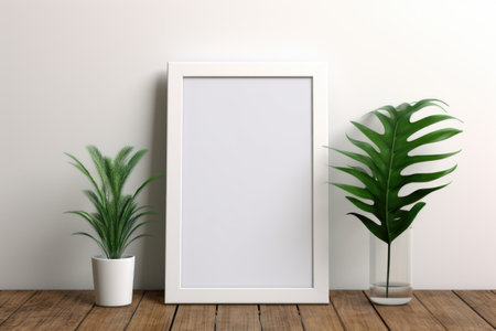 Mockup frame, Minimalistic Elegance: A white frame encases a pristine white photograph, showcasing the beauty of simplicity. Generative AIの素材