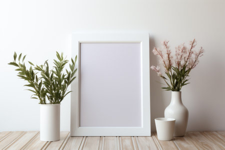 Mockup frame, Experience the allure of contrast as a white frame highlights a striking white photograph, adding a contemporary touch to any space. Generative AIの素材