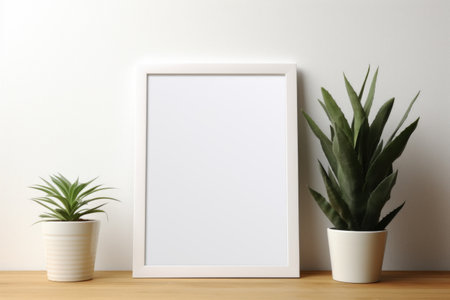 Mockup frame, A white frame delicately holds a monochromatic white photograph, exuding an understated yet refined aesthetic. Generative AIの素材