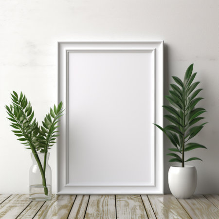 Mockup frame, Minimalistic Elegance: A white frame encases a pristine white photograph, showcasing the beauty of simplicity. Generative AIの素材