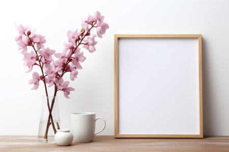 Mockup frame, A white mockup frame surrounds a kitchen scene with orchids against a clean white background, exuding a minimalist and modern aesthetic. Generative AIの素材