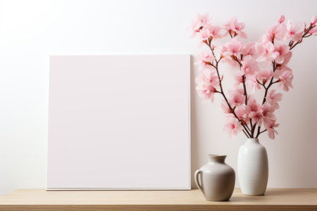 Mockup frame, A white mockup frame surrounds a kitchen scene with orchids against a clean white background, exuding a minimalist and modern aesthetic. Generative AIの素材