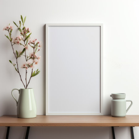 Mockup frame, A white frame gracefully surrounds a white photograph, adding a touch of sophistication to the display. Generative AIの素材