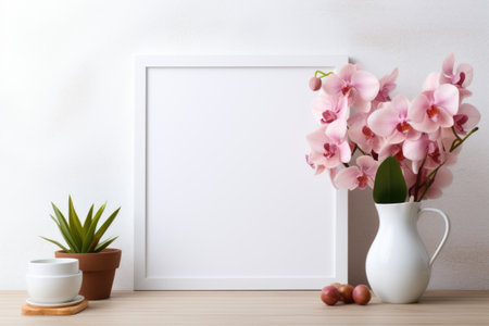 Mockup frame, A white frame complements a pristine white photograph, showcasing the allure of simplicity. Generative AIの素材
