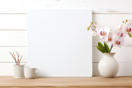 Mockup frame, Orchids on a white background take center stage in a mockup frame, creating a tranquil atmosphere in the kitchen. Generative AIの素材