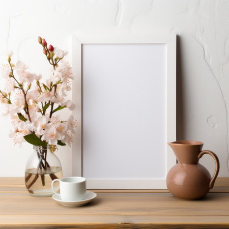 Mockup frame, Orchids on a white background take center stage in a mockup frame, creating a tranquil atmosphere in the kitchen. Generative AIの素材