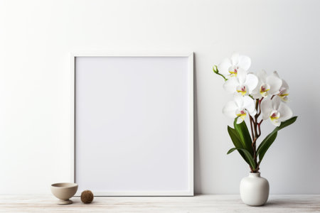 Mockup frame, A white frame gracefully surrounds a white photograph, adding a touch of sophistication to the display. Generative AIの素材