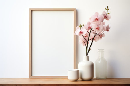 Mockup frame, A white mockup frame surrounds a kitchen scene with orchids against a clean white background, exuding a minimalist and modern aesthetic. Generative AIの素材