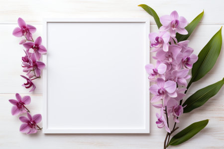 Mockup frame, White background mockup frame featuring a kitchen scene with elegant orchids. Generative AIの素材