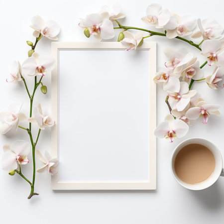 Mockup frame, A white frame gracefully surrounds a white photograph, adding a touch of sophistication to the display. Generative AIの素材